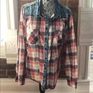 Denim and plaid button up red blue rustic
